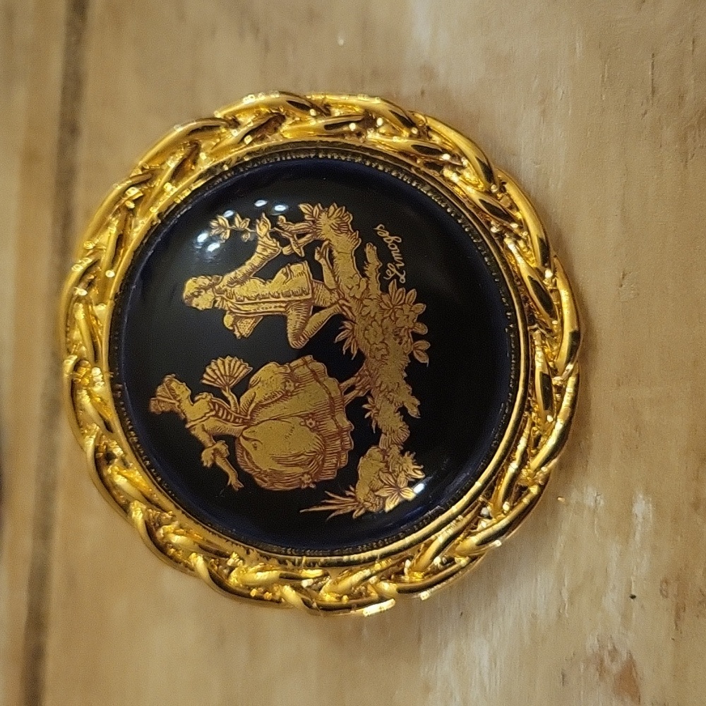 Colonial Courtship Lovers Brooch.  Cobalt blue with gold.